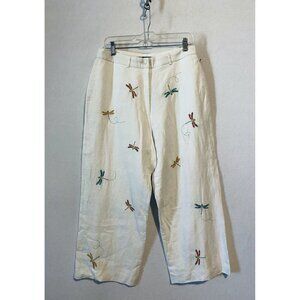 Paraphrase Pants Womens 12 Dragonfly Embroidered Cropped White Linen Boho